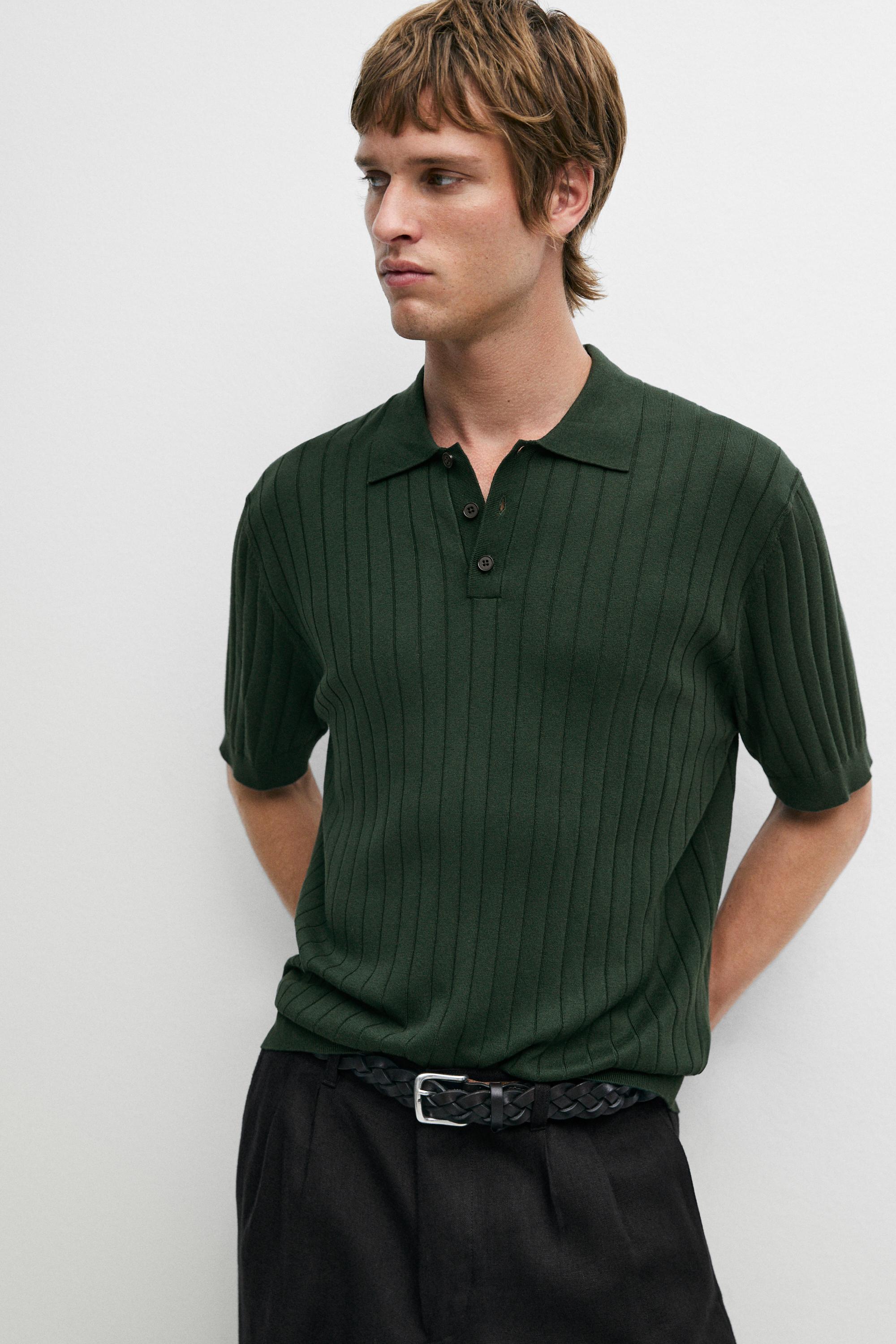 Ribbed knit cotton blend polo shirt